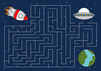 Educational maze game for children. Help rocket find the way to planet. Space theme. Vector illustration.