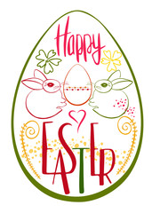 .Drawing of a traditional egg and Bunny with a congratulation Happy Easter. Greeting colorful card.  Vector design.