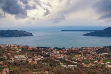 Mediterranean landscape on a cloudy winter day. Montenegro, view of  Adriatic Sea and Bay of Kotor near Herceg Novi city