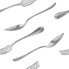 Metal spoon and fork seamless pattern isolated on white background