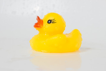 Yellow plastic ducks at bathtub