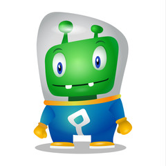 funny cartoon alien in the space suit, a friendly green Martian, character for the company in the modern 3D style