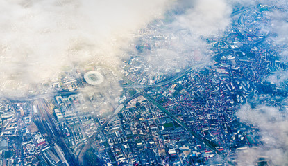 Aerial view of Saint-Denis with the Stade de France. Nothern suburb of Paris