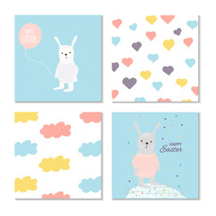 Collection of 4 Easter card, banner background, template with beautiful spring flowers, leaves, hearts, dots and rabbit, bunny.