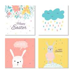 Collection of 4 Easter card, banner background, template with beautiful spring flowers, leaves, hearts, dots and rabbit, bunny.