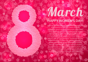 International women's day pink banner. March 8 bright vector background with hearts. Easy to edit design template for your artworks.
