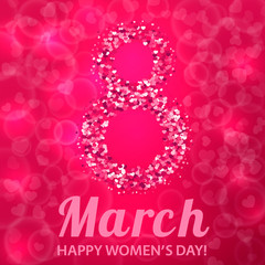 International women's day pink greeting card. March 8 bright vector background with hearts. Easy to edit design template for your artworks.