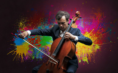 Composer with splotch and his cello