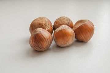 Five Hazelnuts. Fresh organic filbert on white background. Nut macro. Collection.