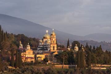 Fototapeta na wymiar Landscape with views of the new Athos Christian monastery.
