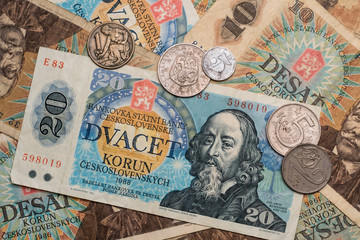 Old, vintage defunct currency (Czechoslovakian banknotes and coins)