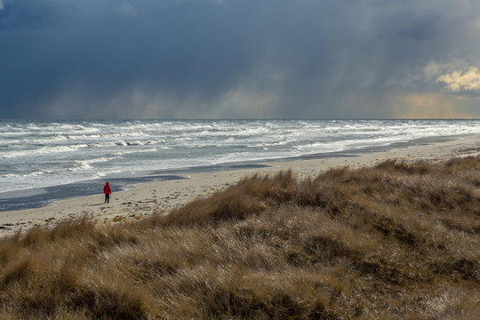 Promenad p&aring; strand vid havet en mulen vinterdag