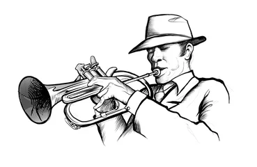 Wandcirkels tuinposter tekening van een muzikant die trompet speelt © Isaxar