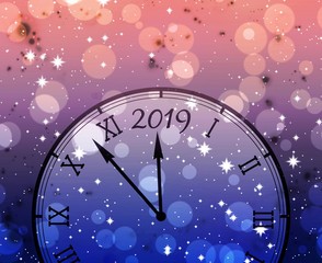 Fototapeta na wymiar Pink blue New Year background with clock, bokeh and stars