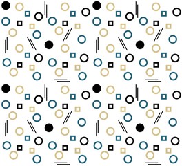 Seamless geometric pattern with circles, squares and stripes. Endless tiling for fabric design, wallpapers, wrapping paper