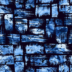 Watercolor seamless pattern with brush stripes and strokes. Blue color on dark background. Hand painted grange texture. Ink geometric elements. Fashion modern style. Endless fabric print.