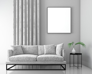 Mock up interior background with velvet sofa, scandinavian style, 3d render