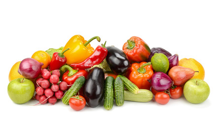 Pile fresh vegetables and fruits isolated on white background.