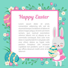 The image of the rabbit is looking from behind a square frame with openwork edges. Vector illustration for the Easter holiday. Emblem with flowers and place for text.