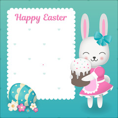 Rabbit holds cake, next to it there is egg. Square frame with openwork edges. Emblem with flowers and place for text. Vector illustration for the Easter holiday.