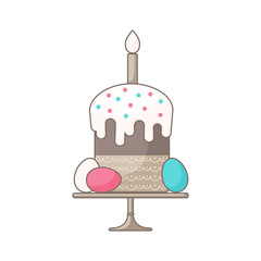 Vector illustration. Easter image of Easter cake with a candle and colorful eggs on a stand. Modern fashionable Flat style.