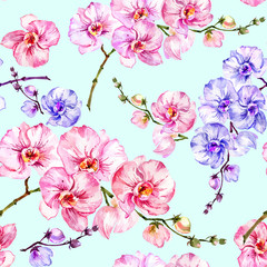 Fototapety  Niebieskie i różowe kwiaty orchidei na jasnoniebieskim tle. Kwiatowy wzór. Malarstwo akwarelowe. Ręcznie rysowane ilustracja.