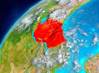Space view of Tanzania in red