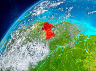 Space view of Guyana in red