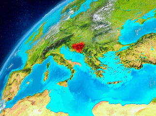 Fototapeta na wymiar Space view of Bosnia and Herzegovina in red