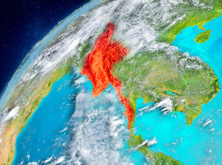 Space view of Myanmar in red