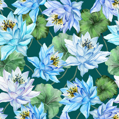 Beautiful floral seamless pattern. Large blue and purple lotus flowers with leaves on dark green background. Hand drawn illustration. Watercolor painting.