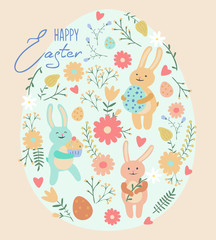 Easter greeting card with cute rabbits and eggs