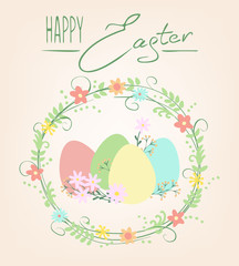 Easter greeting card with eggs and flowers.
