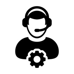 Service Icon Vector Male Operator Person Profile Avatar with Headset and Gear Cog Symbol for Industrial Business Support in Glyph Pictogram illustration