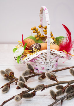 easter eggs in white basket with willow tree
