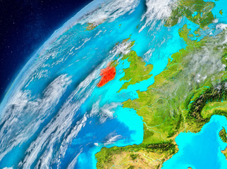 Space view of Ireland in red