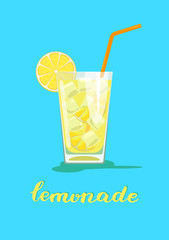 Glass of lemonade. Glass of lemon cocktail with straw on blue background. Vector illustration 
