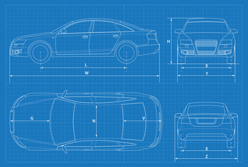 Obraz premium Car schematic or car blueprint. Vector illustration. Sedan car in outline. Business sedan vehicle template vector. View front, rear, side, top