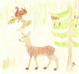 Childish colorful drawing of brown squirrel eating something green, deer doe standing, coniferous tree / spruce / with cones and a mushroom in the forest