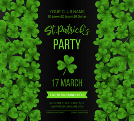 Saint Patrick s Day poster with green four and tree leaf clovers on white background. Vector illustration. Party invitation design, typographic template. Lucky and success symbols.