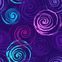 Swirl seamless pattern. Hand drawn  spirals, free layout. Violet and teal blue on lilac background. Textile design.