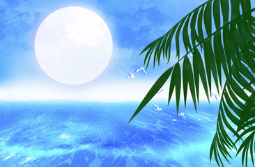 Fototapeta na wymiar Background palms, sunset, sea, tropical leaves