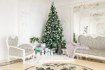 classic apartments with a white fireplace, decorated tree, bright sofa, large windows. Christmas morning.