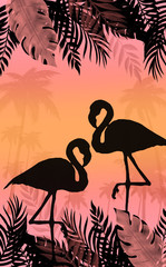 Background palms, sunset, sea, tropical leaves