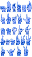 sign language alphabet hands in blue medical gloves isolated, close up, selective focus, white background