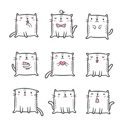 Cute cats doodles. Set of 9 hand drawn characters. Design elements for print (stickers, greeting cards, t-shirt, poster). Isolated on white background.