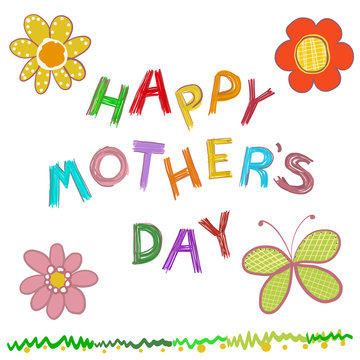 Happy Mother's Day greeting card. Doodle flowers hand drawn ''happy mother's day'' text background