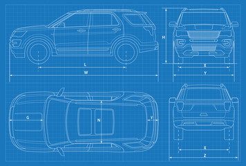 Obraz premium Off-road car schematic or suv car blueprint. Vector illustration. off road vehicle in outline. Business vehicle template vector. View front, rear, side, top