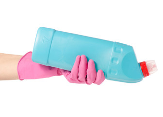 Hands in gloves for cleaning ottle with toilet detergent household chemicals