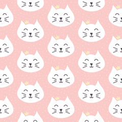 Cute doodle cat in golden crown seamless pattern background.